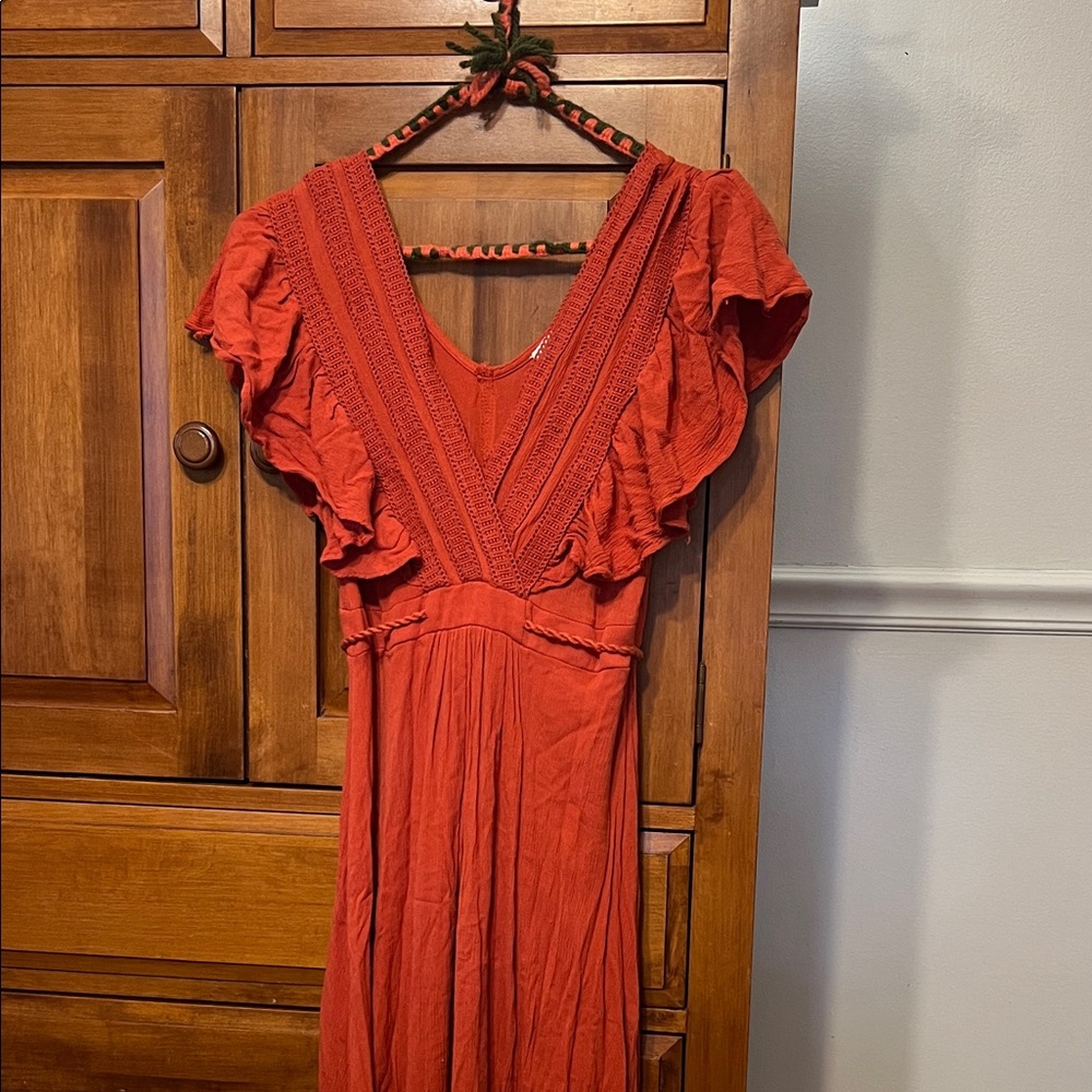 Baltic Born Rust Midi Dress with Ruffled Sleeves